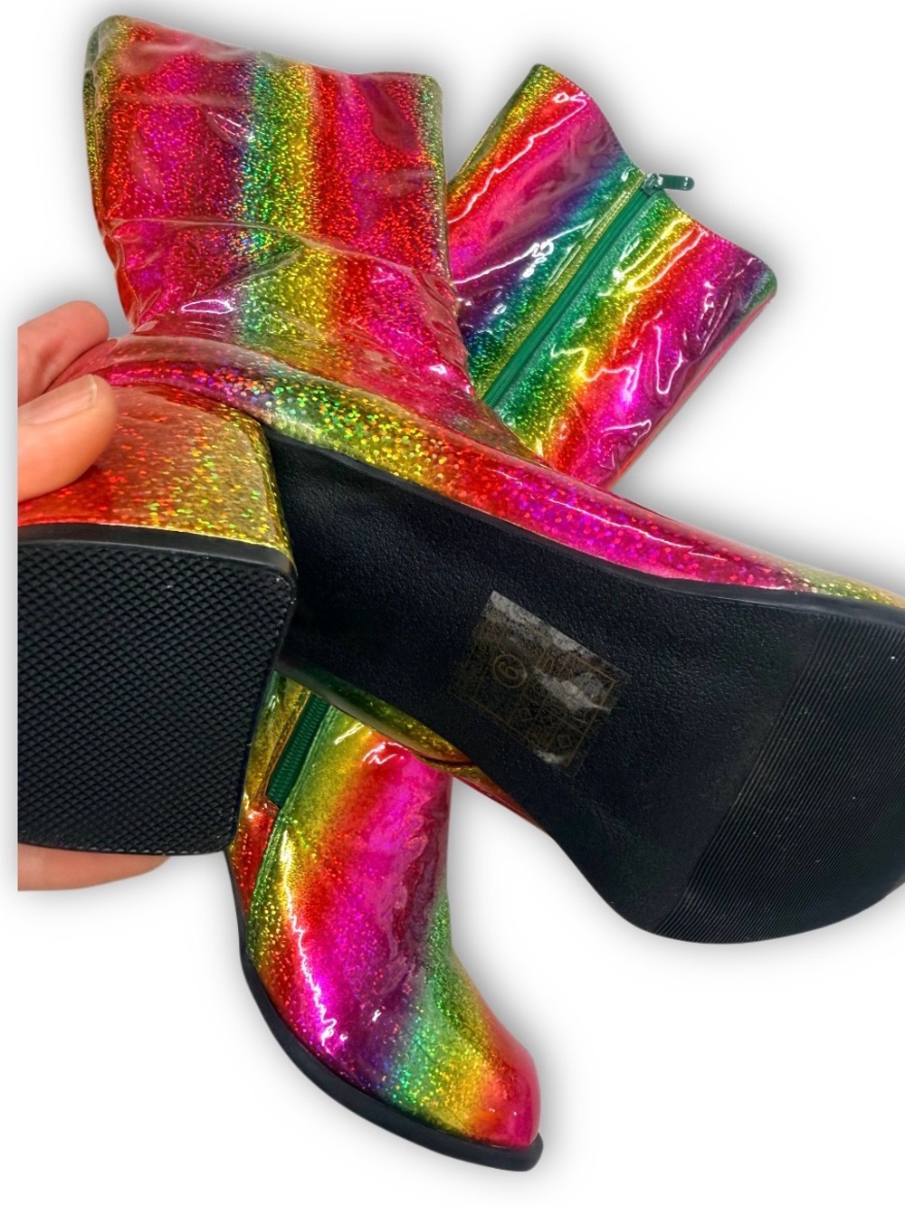DISCO Rainbow Glitter Knee-High 3” chunky  Block Heel Boots - Multicolor Sz 9 - Picture 3 of 4